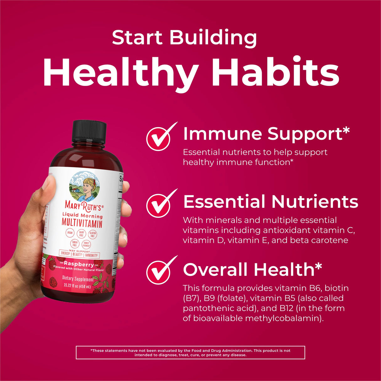 MaryRuth Organics Morning Multivitamin for Women, Men & Kids | Liquid | Vitamin A C D E B6 B12 Biotin Zinc | Beauty | Vegan | Non-GMO | Gluten Free | 15 Servings