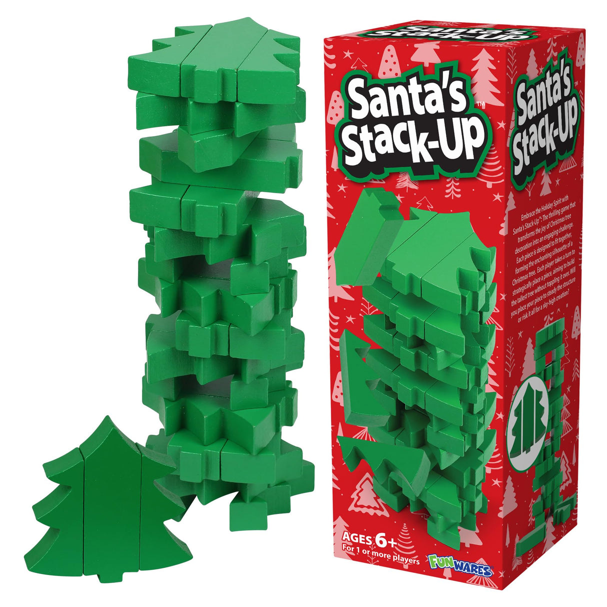 Funwares Christmas Tree Stack-Up, Wooden Blocks Stacking Game, Tumbling Tower, Family & Party Fun, Kids and Adults, Holiday Decoration, Ages 6+