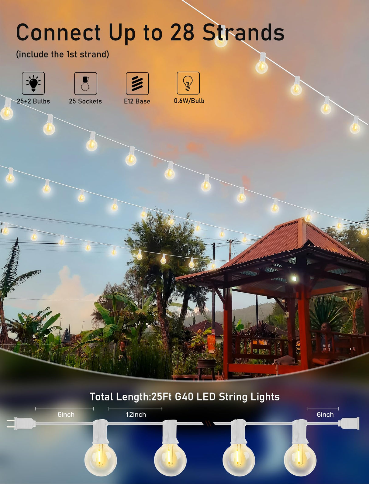 25Ft LED Outdoor String Lights, G40 Globe Patio String Lights Waterproof with 27 Shatterproof Bulbs, Hanging Outdoor Christmas Decorations Lights for Backyard Garden Bistro Wedding Party Decor, White