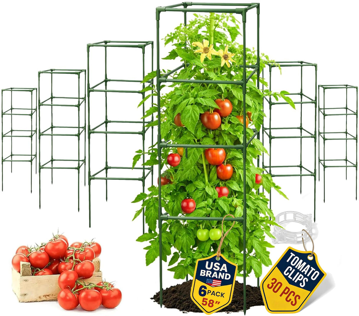 Tomato Cage Square - Large Trellis Stakes and Plant Support Structures for Vegetables and Climbing Plants - Tall Tomato Cages for Garden, Pots, Raised Garden Bed Outdoor Supplies (6 Pack - Up to 58")
