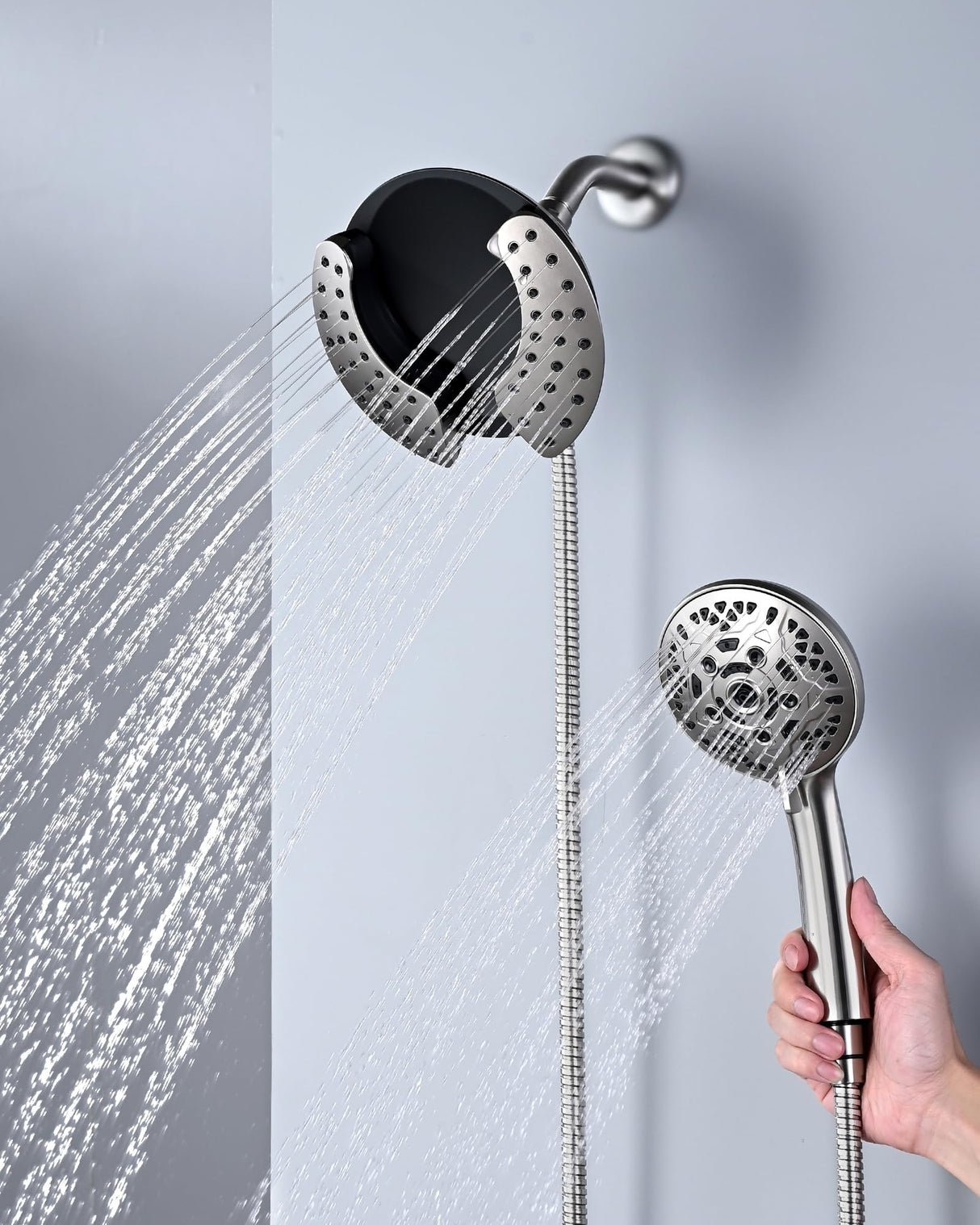 INAVAMZ Shower Heads with Handheld Spray Combo: 7.2" Rainfall Shower Head & Handheld Shower Head 2-IN-1 Shower Head with 60" Rotatable Stainless Steel Hose Nickel, Shower Trim Systems