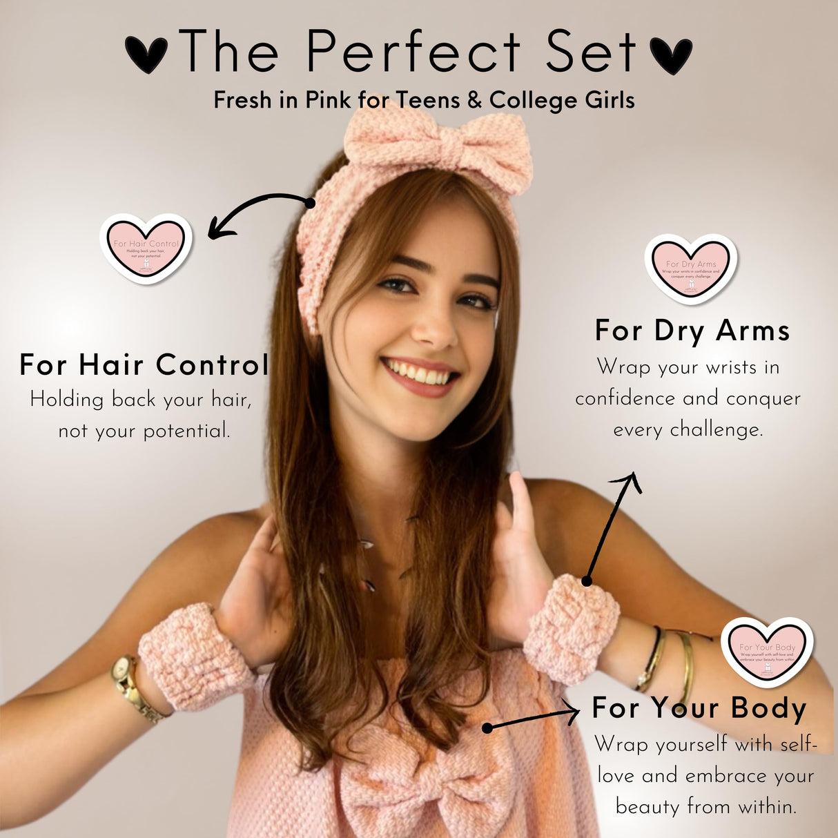 Happy Lolli Power Shower Gift Set: Luxury Bath Accessories Basket for Women & Teen Girls – Includes Body & Hair Towel, Wrist Bands, Headband, Face Sponge & More – Empower Your Routine (Fresh in Pink)