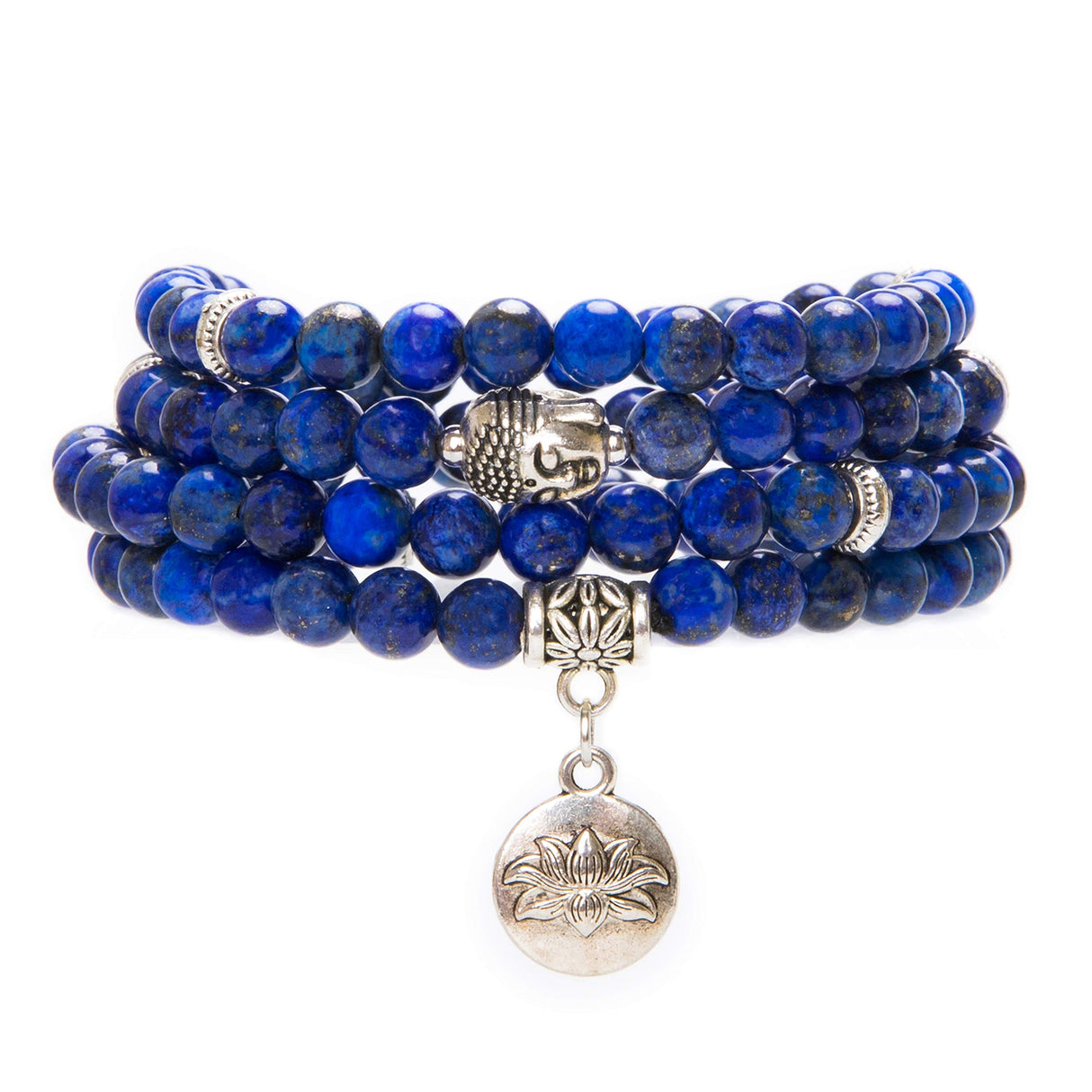 Bivei 108 Mala Beads Necklace Beaded Wrap Bracelets Genuine Gemstone Mala Prayer Beads Lotus Charm Yoga Meditation Necklace - Lapis Lazuli