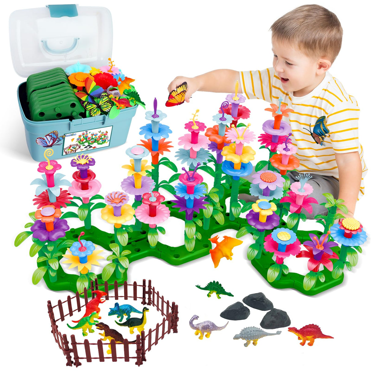 Toys Gifts for Toddlers Boys Girls Age 2 3 4 5 6,167 PCS Dinosaur Flower Garden Building Blocks,STEM Fine Motor Skill Stacking Games,Christmas First 1st Birthday Gifts for Preschool Kids 2+ Years Old