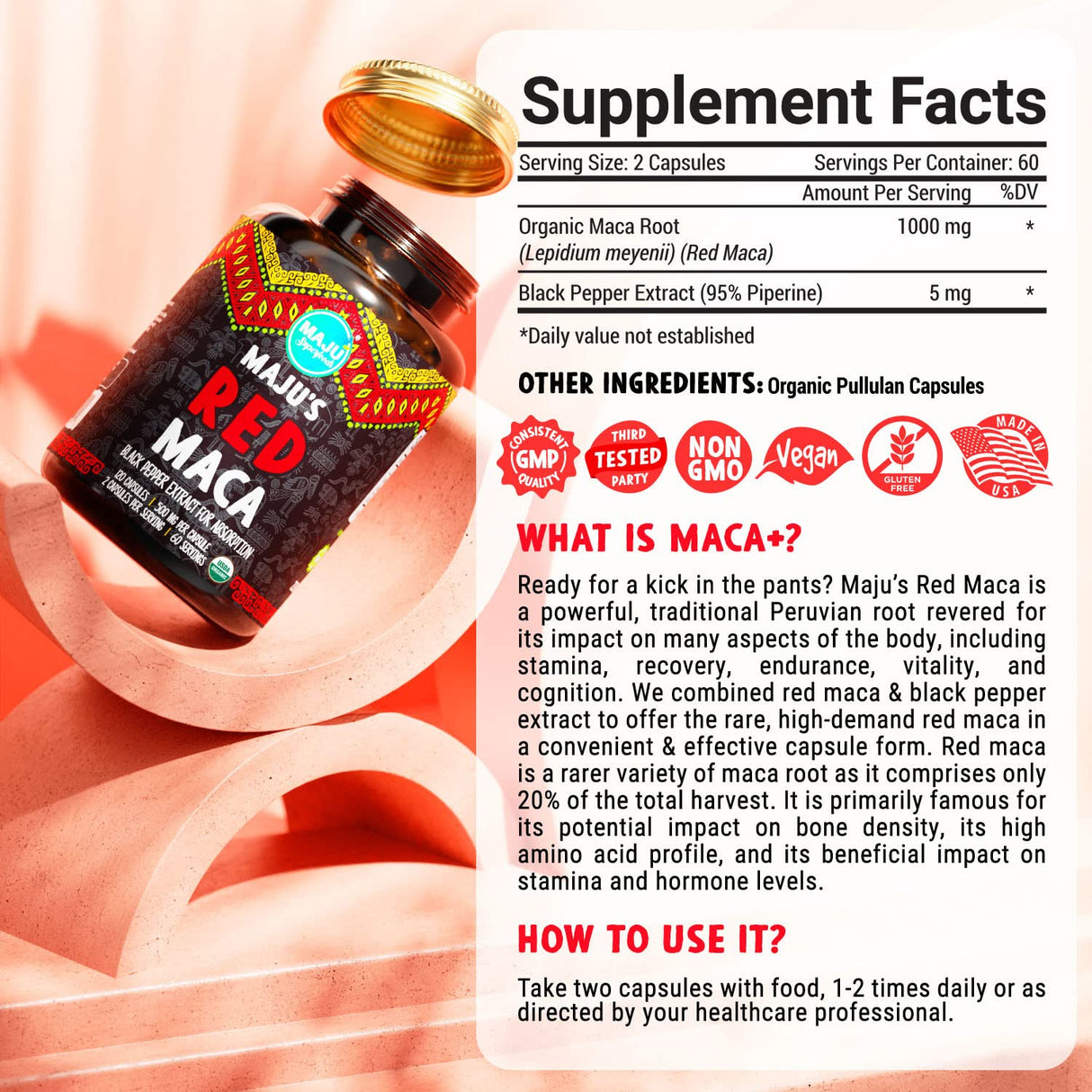Maju Superfoods Organic Red Maca Root Capsules 120ct - Women Focused Curve Enhancement Nutrition Booster Pills, Gain for Thighs, Powder in Pill Supplement