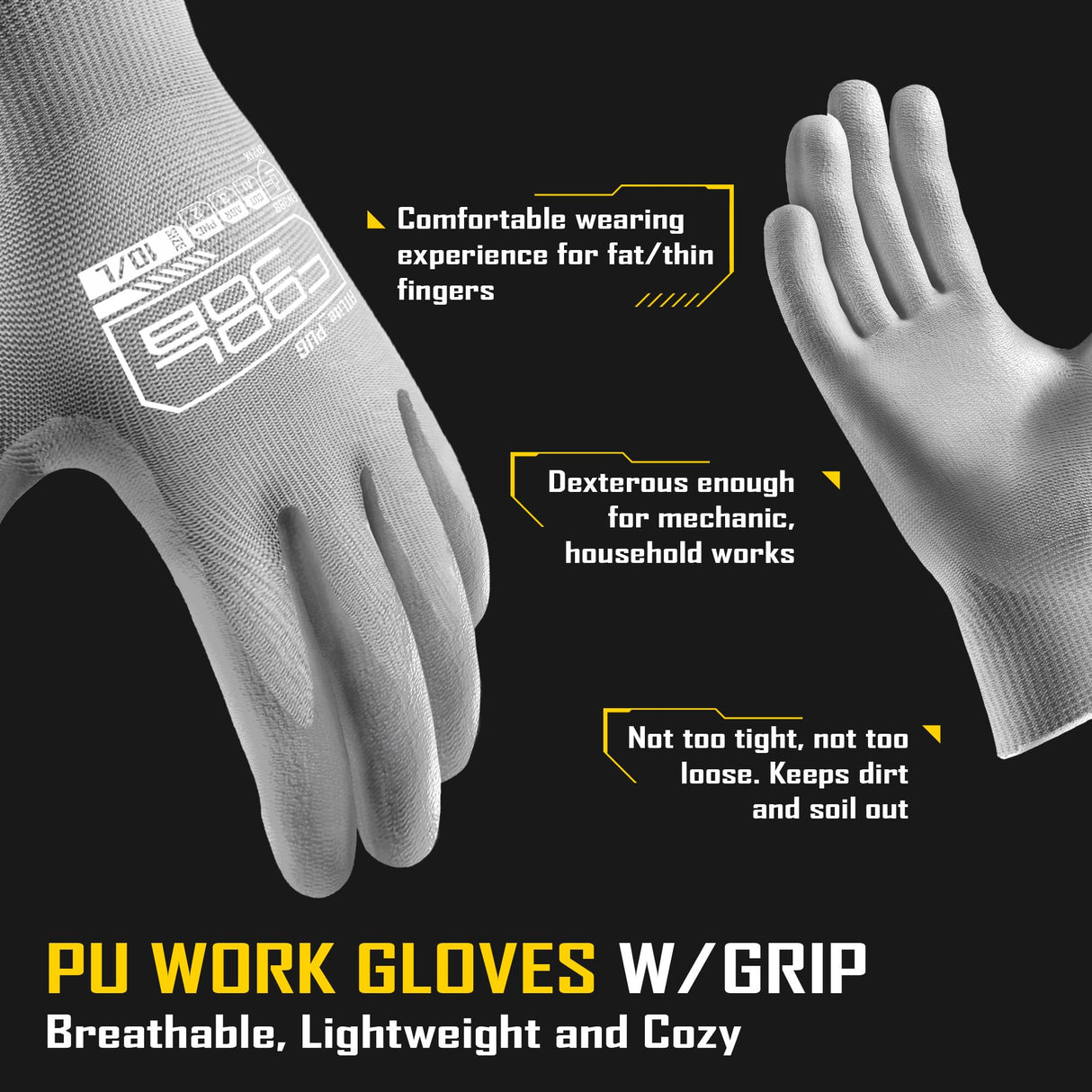 COOLJOB 12/60 Pairs Safety Work Gloves Pack Bulk with Grip PU Coating, 13 Gauge Seamless Knit Gloves with Polyurethane Dipped for Warehouse Working, Breathable Lightweight for Men Women, Grey Xlarge
