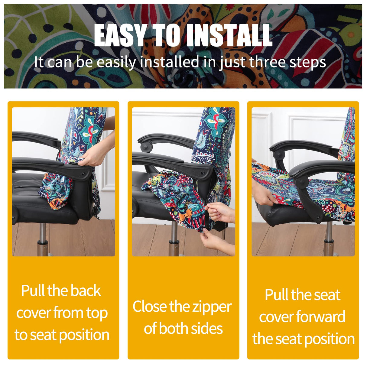 Smiry Stretch Printed Office Computer Chair Covers, Universal Desk Rotating Chair Slipcovers Removable Washable, Soft Fit Anti-Dust Spandex Protector Cover with Zipper, Black