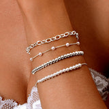 Zeffy Pearl Bracelets for Women, Silver Pearl Beaded Stackable Bracelets Charm Dainty Pearls Bracelet Stack Paperclip Link Chain Layered Bracelet Trendy Silver Bridesmaid Jewelry Set for Women