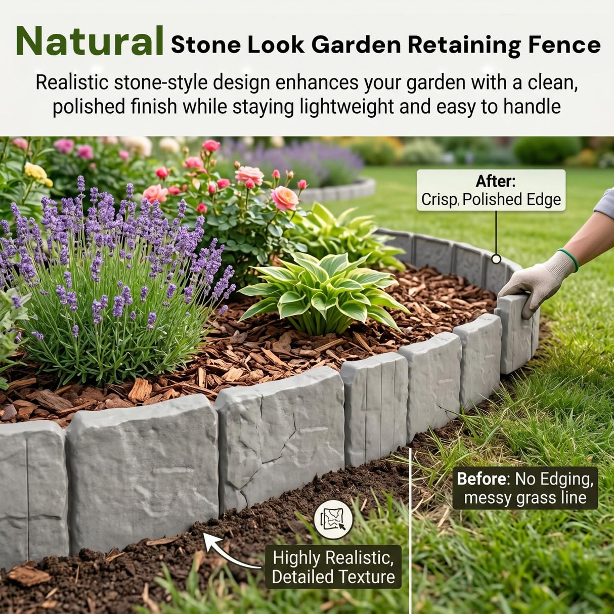 Imitation Stone Garden Fence - DIY Garden Edging Border, 2026 New Plastic Garden Retaining Fence, Interlocking No Dig Decorative Garden Fence with Stakes, for Yard, Patio, Outdoor (Gray, 30pcs)