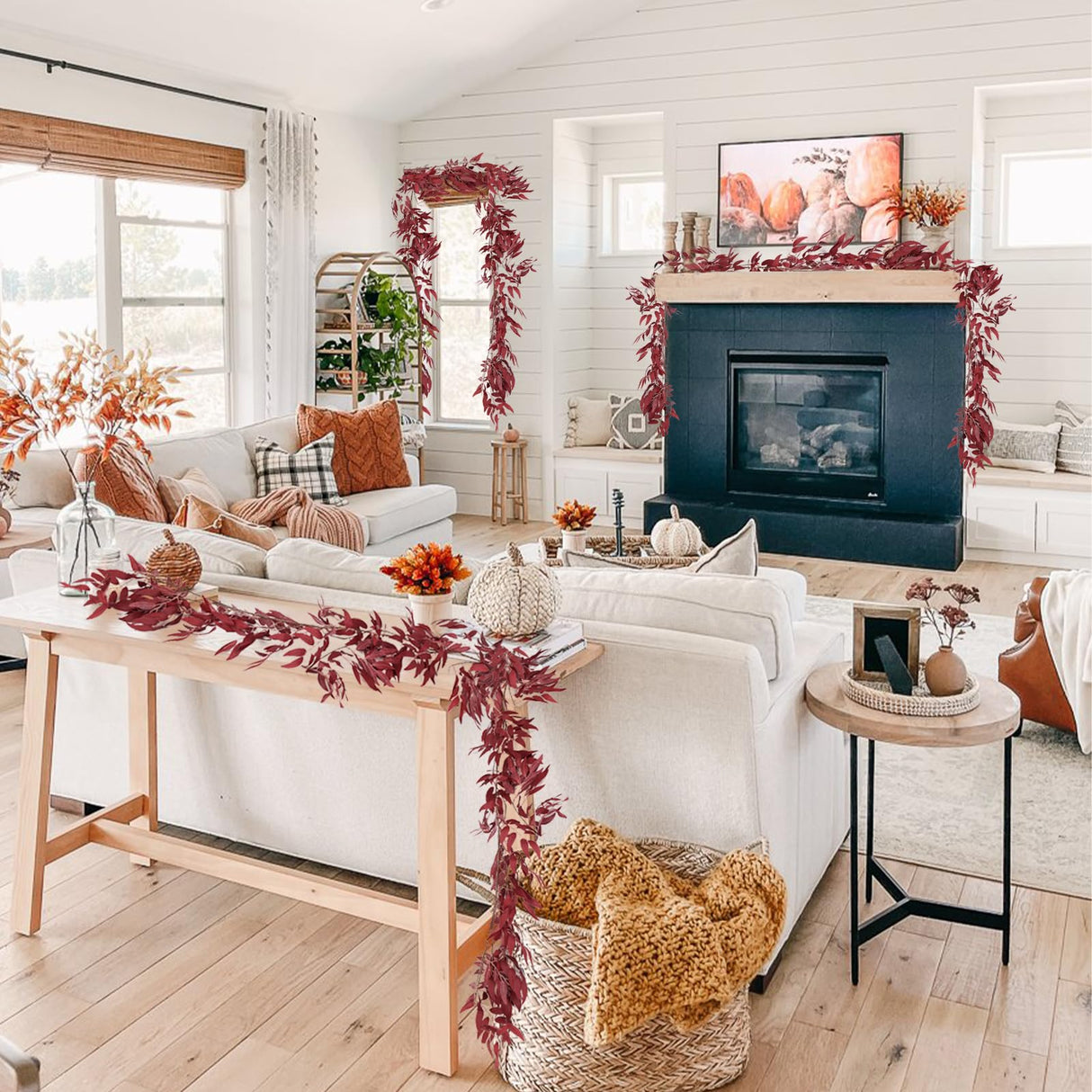 RECUTMS Artificial Hanging Willow Leaves Vine Twigs 2Pcs 5.7Ft Fake Silk Burgundy Leaf Ivy Fall Garland Faux Greenery Indoor Outdoor Valentines Day Wedding Birthday Christmas Thanksgiving Party Decor