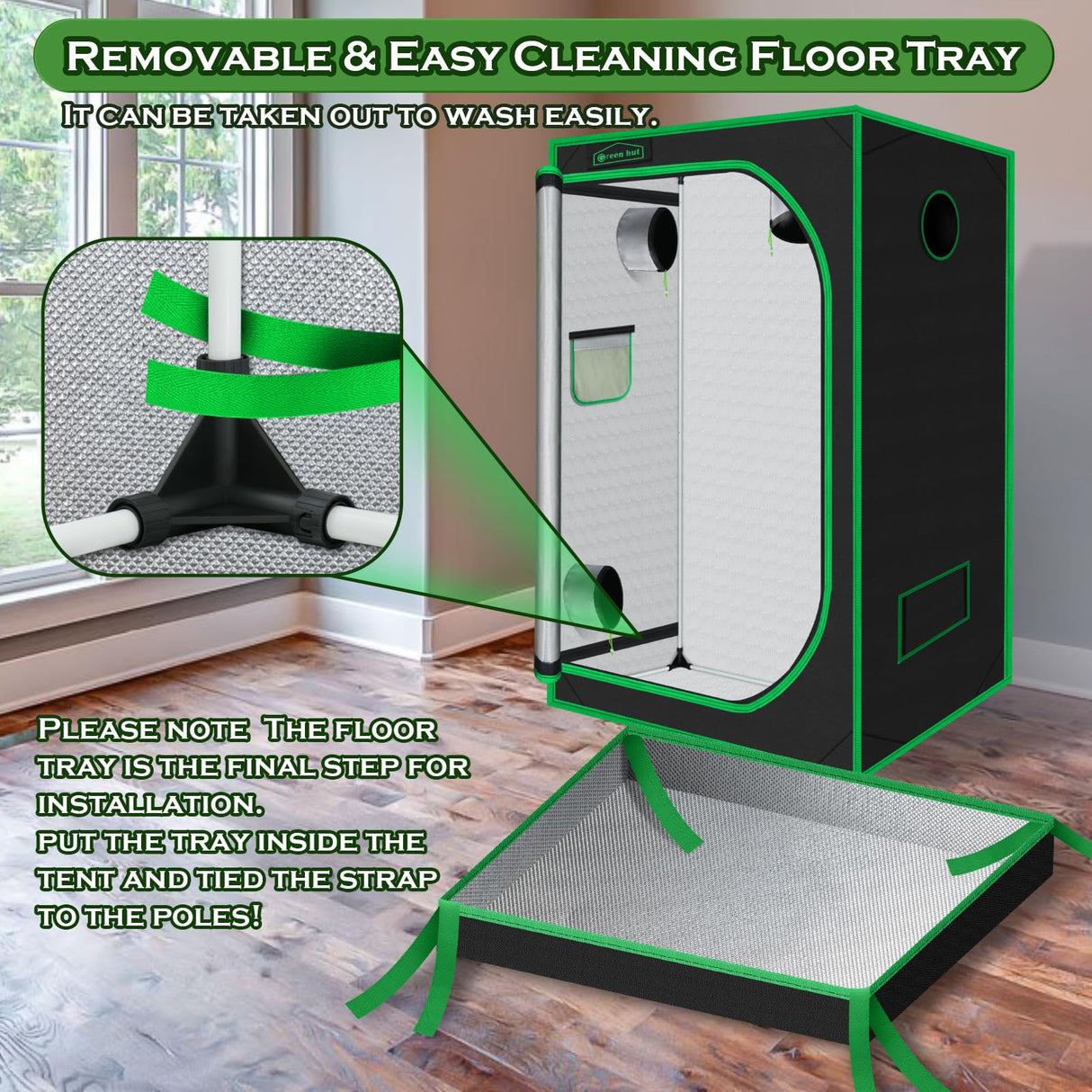 Green Hut 3x3 Grow Tent, 36"x36"x72" Growing Tent with Observation Window and Floor Tray for Hydroponics Indoor Plant Growing 3x3 Grow Room