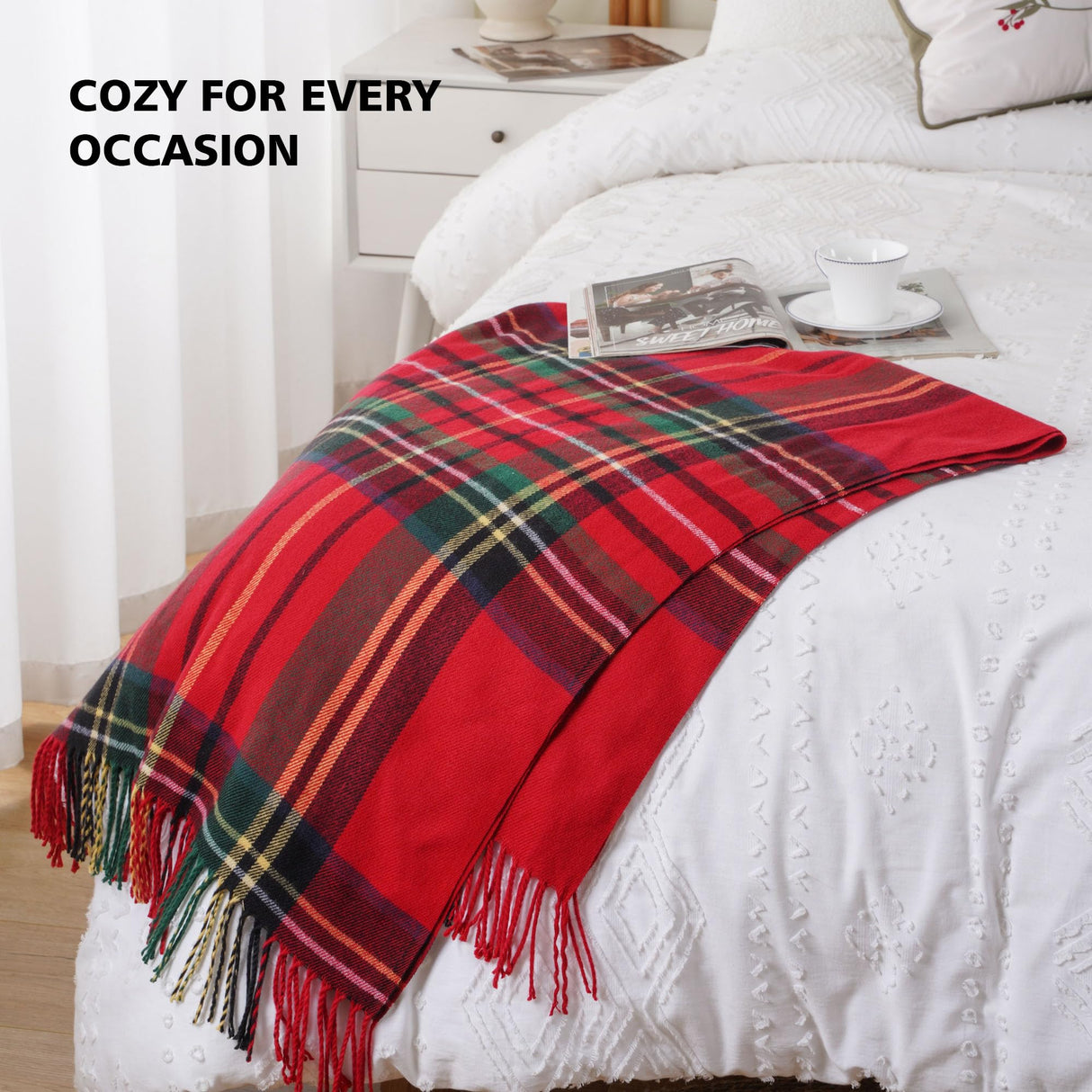 BATTILO HOME Christmas Red Plaid Throw Blanket for Couch, Bed, Super Soft Red Plaid Blankets,Soft Christmas Decorative Throw with Tassels 50"x60"