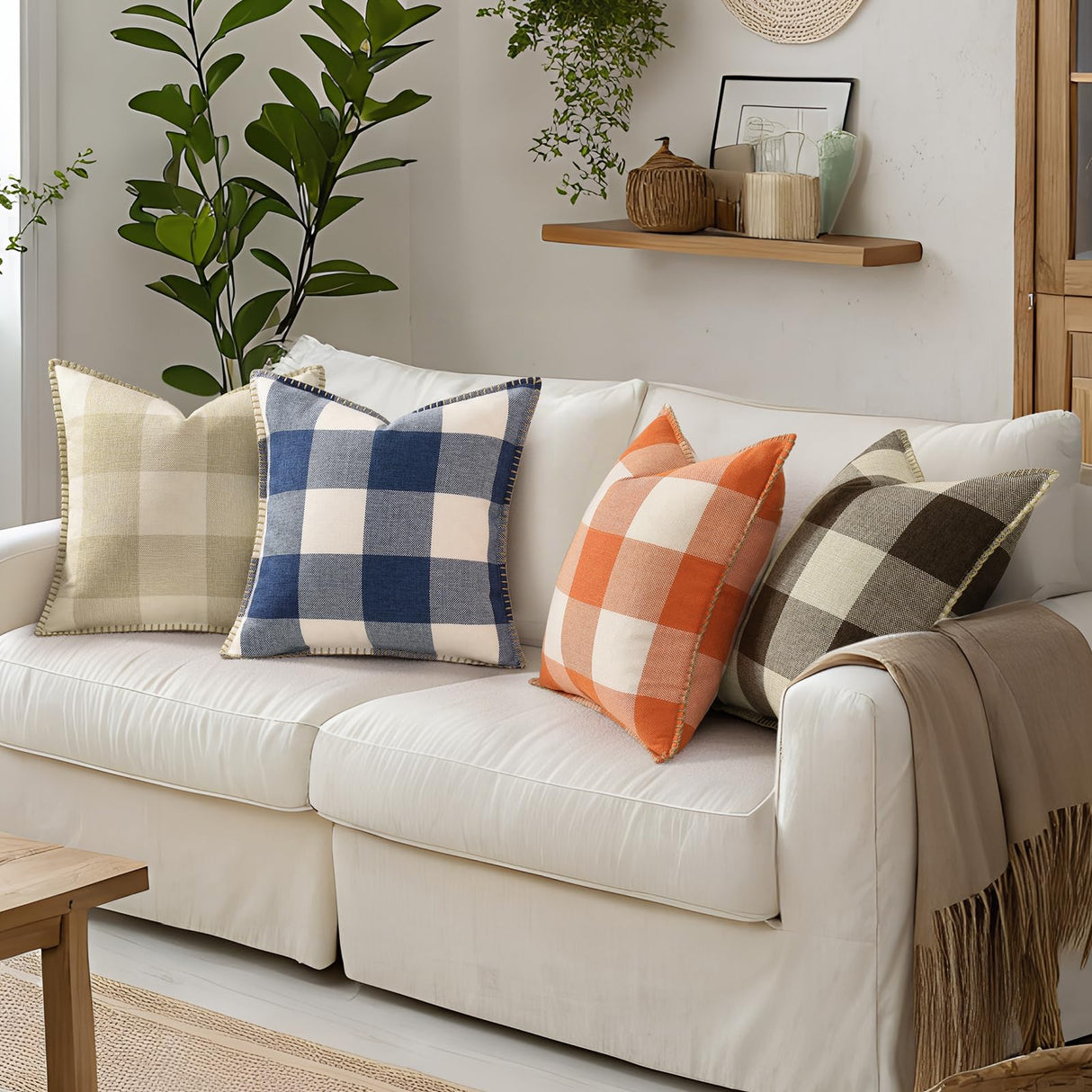 decorUhome Christmas Buffalo Plaid Check Throw Pillow Covers 20x20 Set of 2, Outdoor Linen Decorative Farmhouse Gingham Pillow Covers with Stitched Edge for Bed Couch Sofa, Cream White and Beige