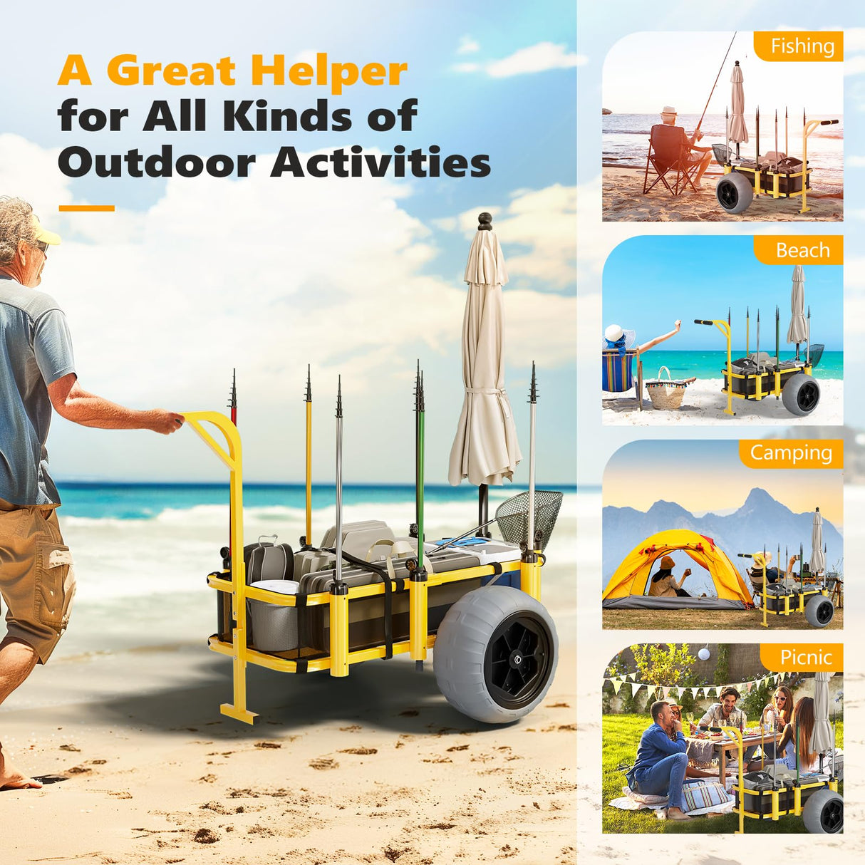 Bonnlo Beach Fishing Cart, Beach Wagon Trolley with 16" Big Balloon Wheels for Sand, Foldable Trailer with Large Cargo Deck, 400 lbs Load Capacity, 8 Fishing Rods Holders, Mesh Bag, Hand Pump