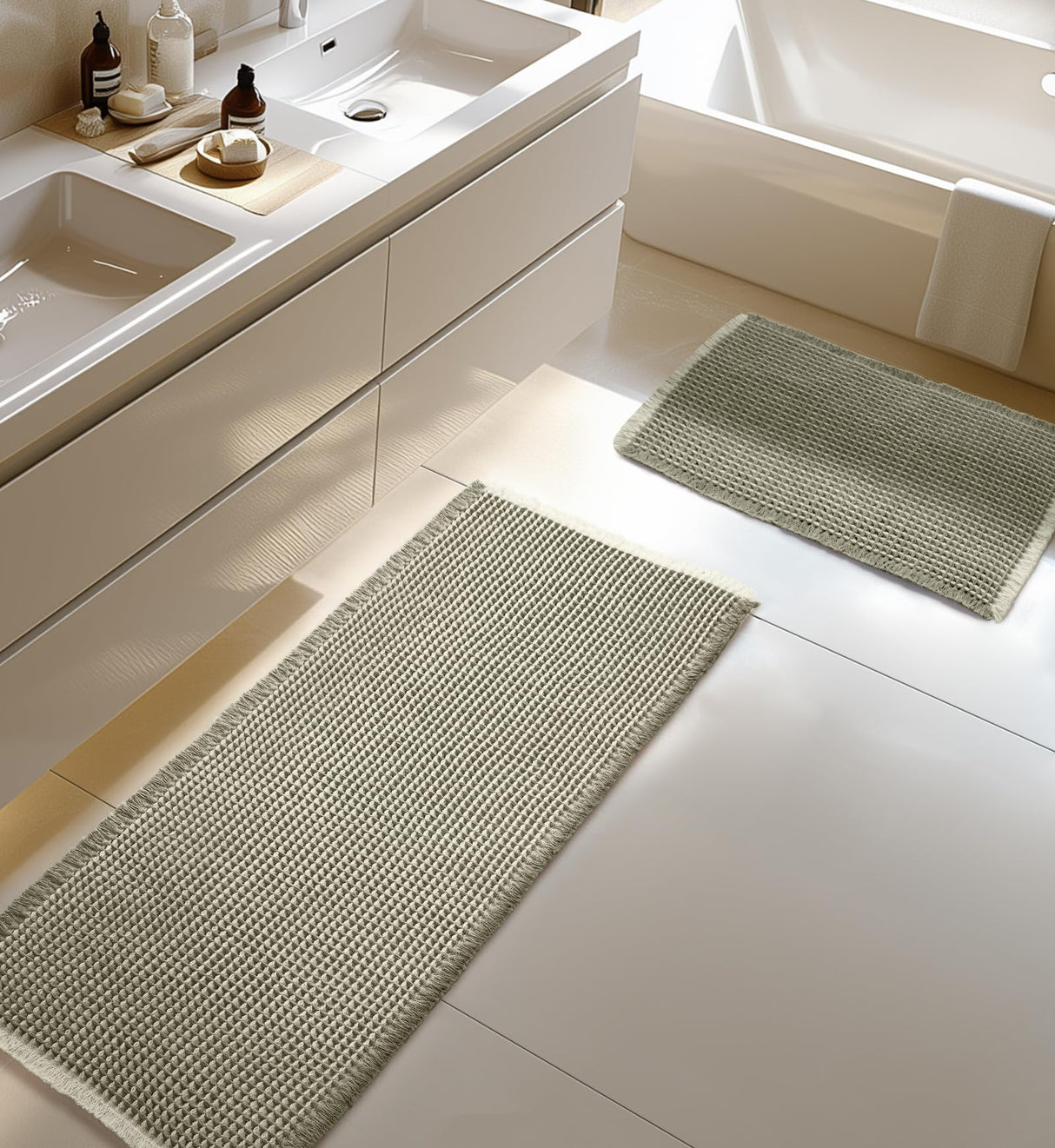 Large Waffle Bath Mat Set Non Slip, Ultra Absorbent Bath Mats for Christmas Bathroom Decor, Extra Soft Floor Bathroom Rugs Sets 2 Piece, Washable Bath Rugs Set, Green & White, 20"×47" and 16"×24"