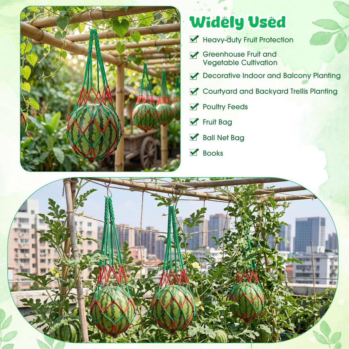 Irenare 15 Pack Melon Hammocks Cradles with S Hanging Hooks Heavy Duty Watermelon Hammock Net to Prevent Falling for Growing Cantaloupe Pumpkin Watermelon in Vertical Garden (Red,Green)