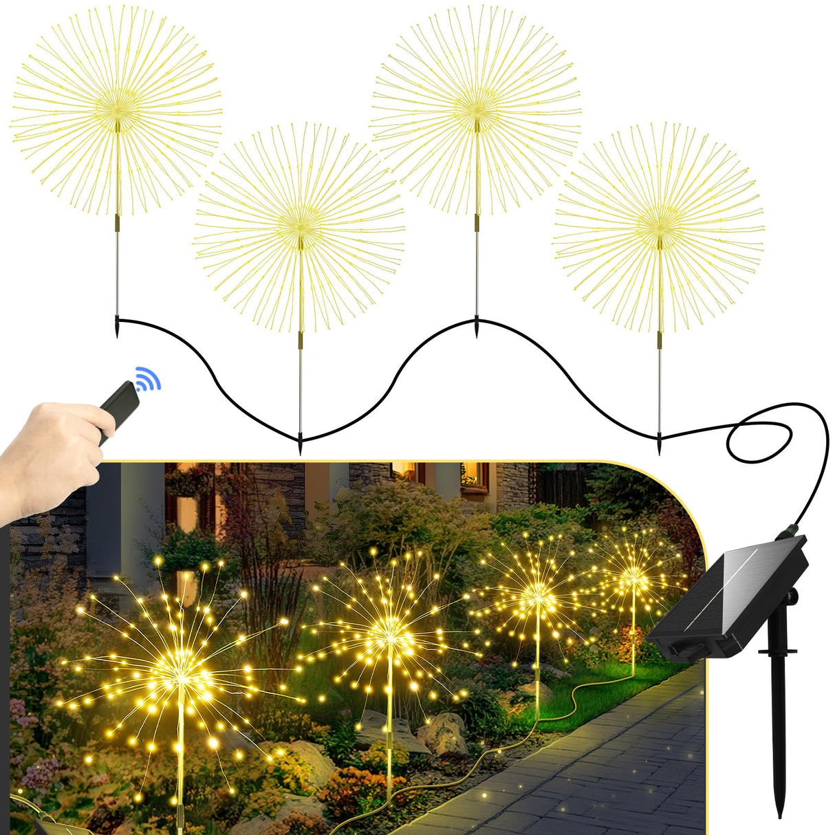 Anordsem Solar Fireworks Lights Outdoor: 4 Bendable Copper Wire 120 LEDs String Lighting - Waterproof DIY Warm Decoration for Yard Garden Proch - Gardening Gifts for Garden Lovers