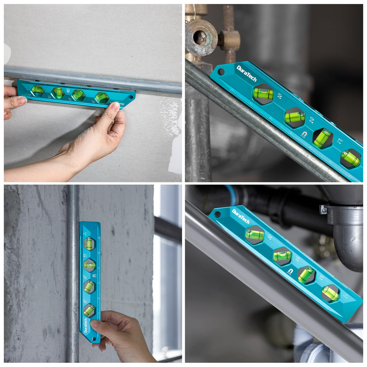 DURATECH 8-Inch Level, Magnetic Torpedo Level with 0°/30°/45°/90° Bubbles, V-Groove, Large Viewing Window, Aluminum Alloy Body, Hanging Hole, SAE and Metric Scale for DIY Projects and Household Use