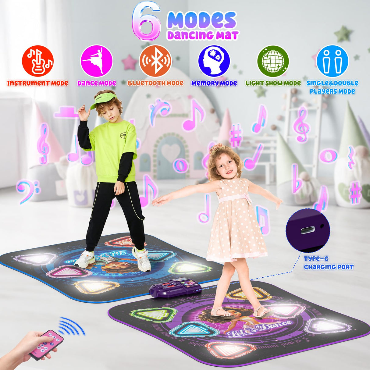 Surelect Dance Mat, 2025 Rechargeable Light-Up 2-Player Opposing Dance Pad with Bluetooth, 12-Button Music Dancing Toy, Christmas Birthday Gift for 3-12 Year Old Boys Girls