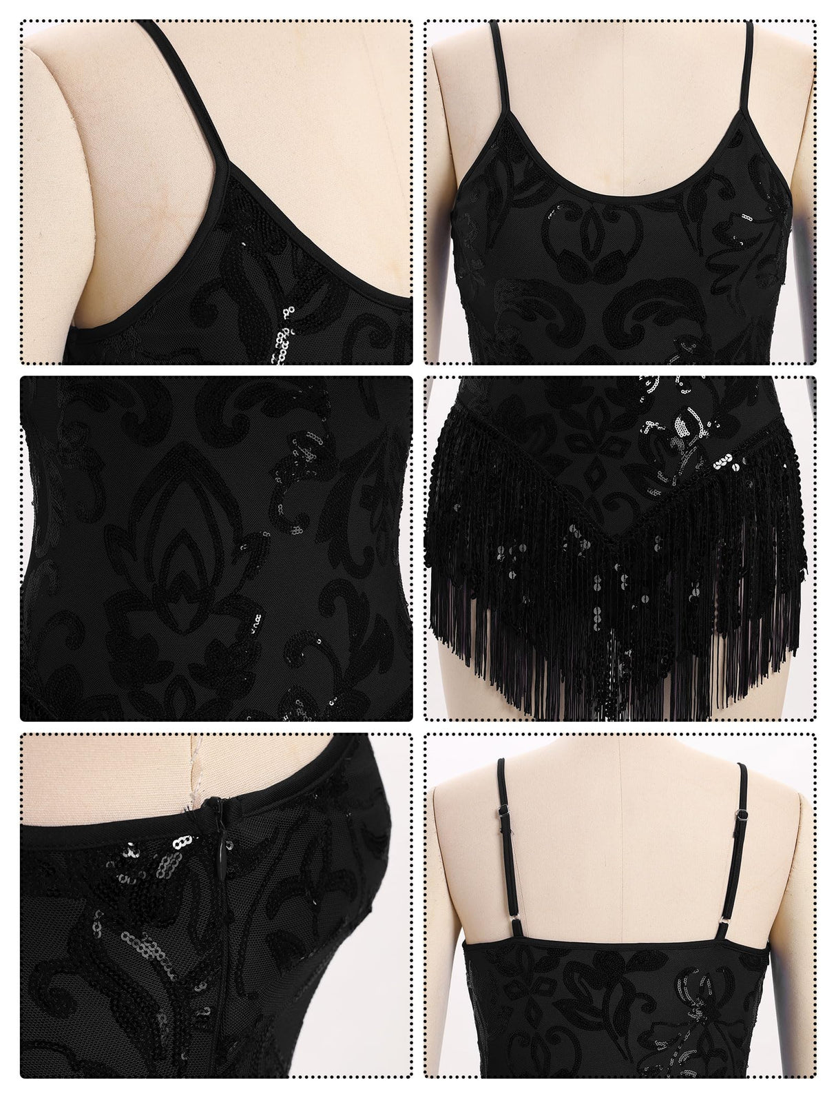 IBAKOM Women Sexy Shiny Sequins Fringe Bodysuit Sparkly Tassel Latin Jazz Dance Acrobat Costume Adult Circus Trapeze Artist Dancing Queen Rave Outfits Glitter Christmas Dance Leotard Black M