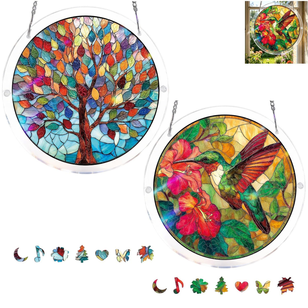 2-Pack Acrylic Puzzle Suncatcher 83 Pieces, Moonlit Dragonfly Sun Catchers Puzzle, DIY SunCatchers Puzzles Window Hanging, Home & Garden Decor (Tree + Hummingbird)