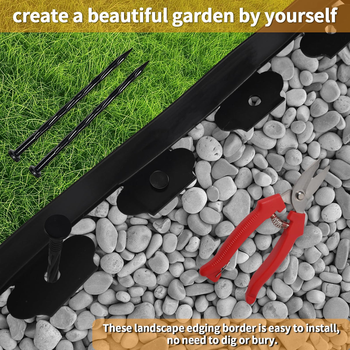 Landscape Edging Border Kit, No Dig Garden Edging Border 60ft 2in Tall with Scissors and 60 Spikes for Landscaping Border Edging Flower Bed Edging Borders