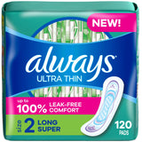Always Ultra Thin Feminine Pads without Wings for Women, Size 2, Long Super Absorbency, Unscented, 40 Count x 3 Pack (120 Count total) (Packaging May Vary)