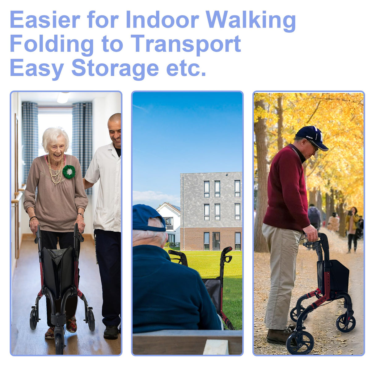 Premium 3 Wheel Rollator Walker for Seniors, Lightweight Foldable Elderly Three Wheeled Rollator with Storage Bag, Aluminum Mobility Aid Rolling Walker (Black & Red)