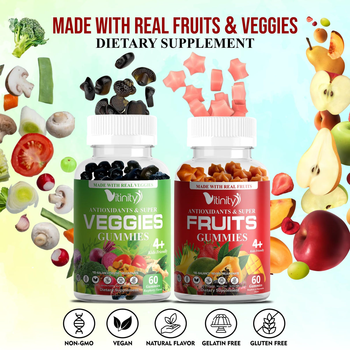 VITINITY Made with Real Fruit-Real Veggie Gummies-Superfood Vegetable Vitamin Supplement for Women,Men,Kids-Blend of Fruit and Greens for Daily Health.Fruits and Vegetables Supplements (30-Day Supply)