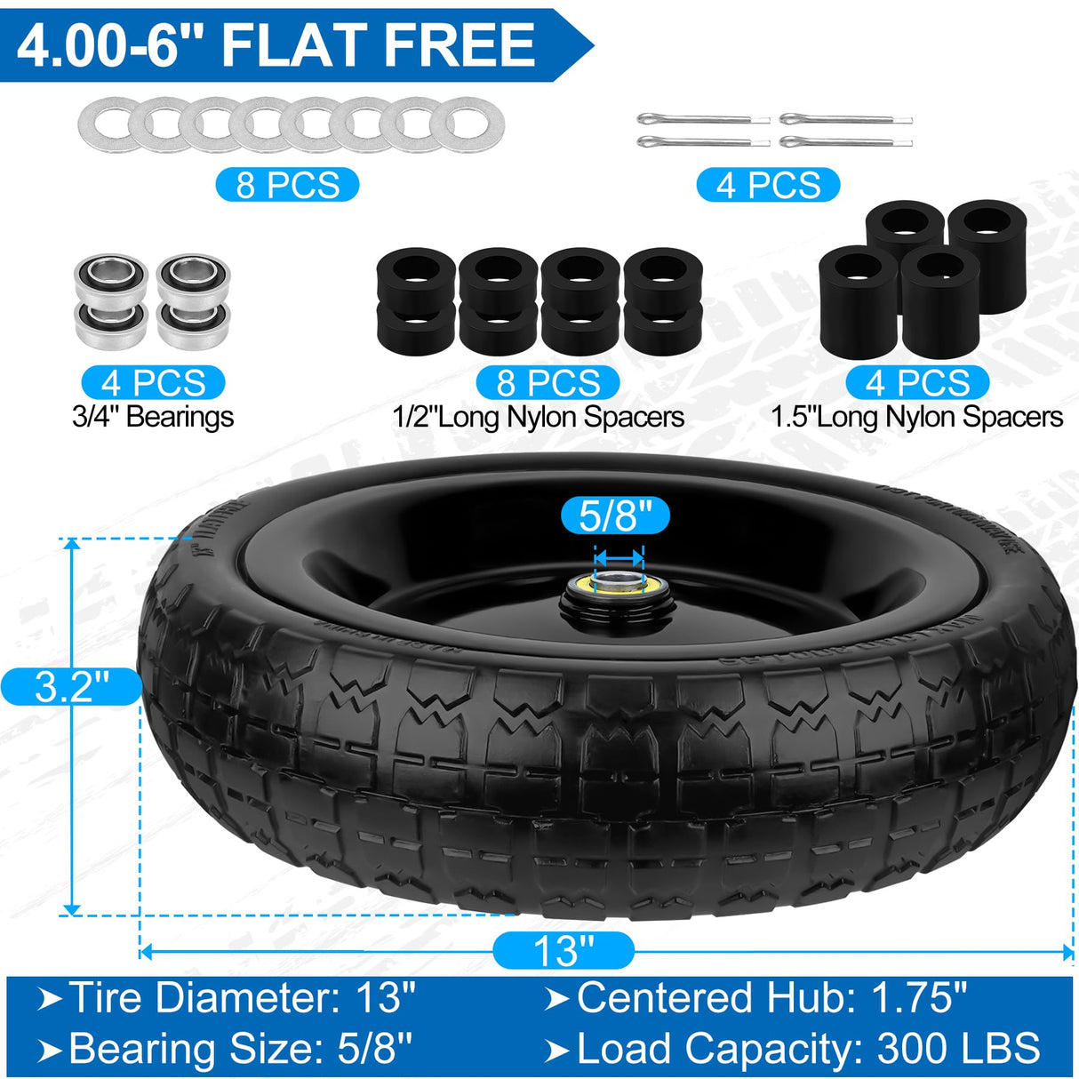 phepetroll 13 Inch Flat Free Wheels Tires 4.00-6 Solid Replacement with Universal 5/8" Axle Bore Hole, 8 Spacers and 4 Pins, for Wheelbarrow, Garden Wagon, Hand Truck, Trolley, Lawn Mower, 2 Pack