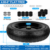 phepetroll 13 Inch Flat Free Wheels Tires 4.00-6 Solid Replacement with Universal 5/8" Axle Bore Hole, 8 Spacers and 4 Pins, for Wheelbarrow, Garden Wagon, Hand Truck, Trolley, Lawn Mower, 2 Pack