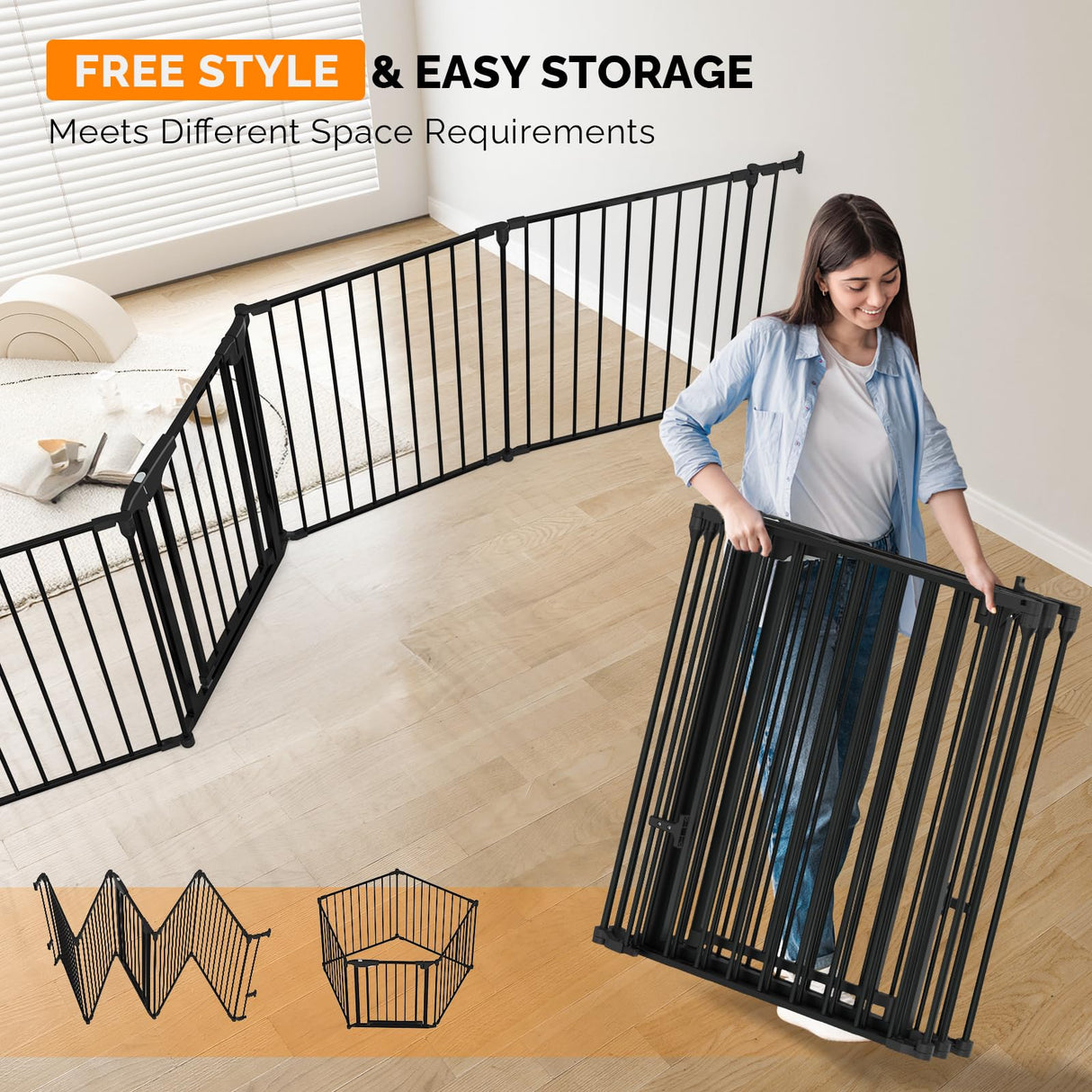 Bonnlo 120 Inches Wide Configurable Baby Gate, Fireplace Safety Fence/Guard, Adjustable 5-Panel Metal Play Yard for Toddler/Pet/Dog, Christmas Tree Fence, Includes 4 Pack of Wall Mounts, Black