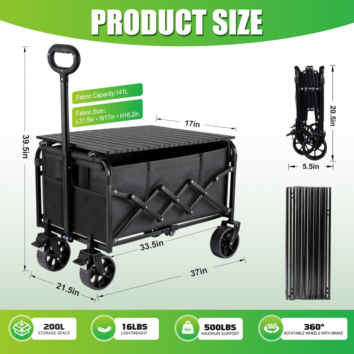 500LBS Large Collapsible Folding Wagon Carts Heavy Duty with Table & Brakes