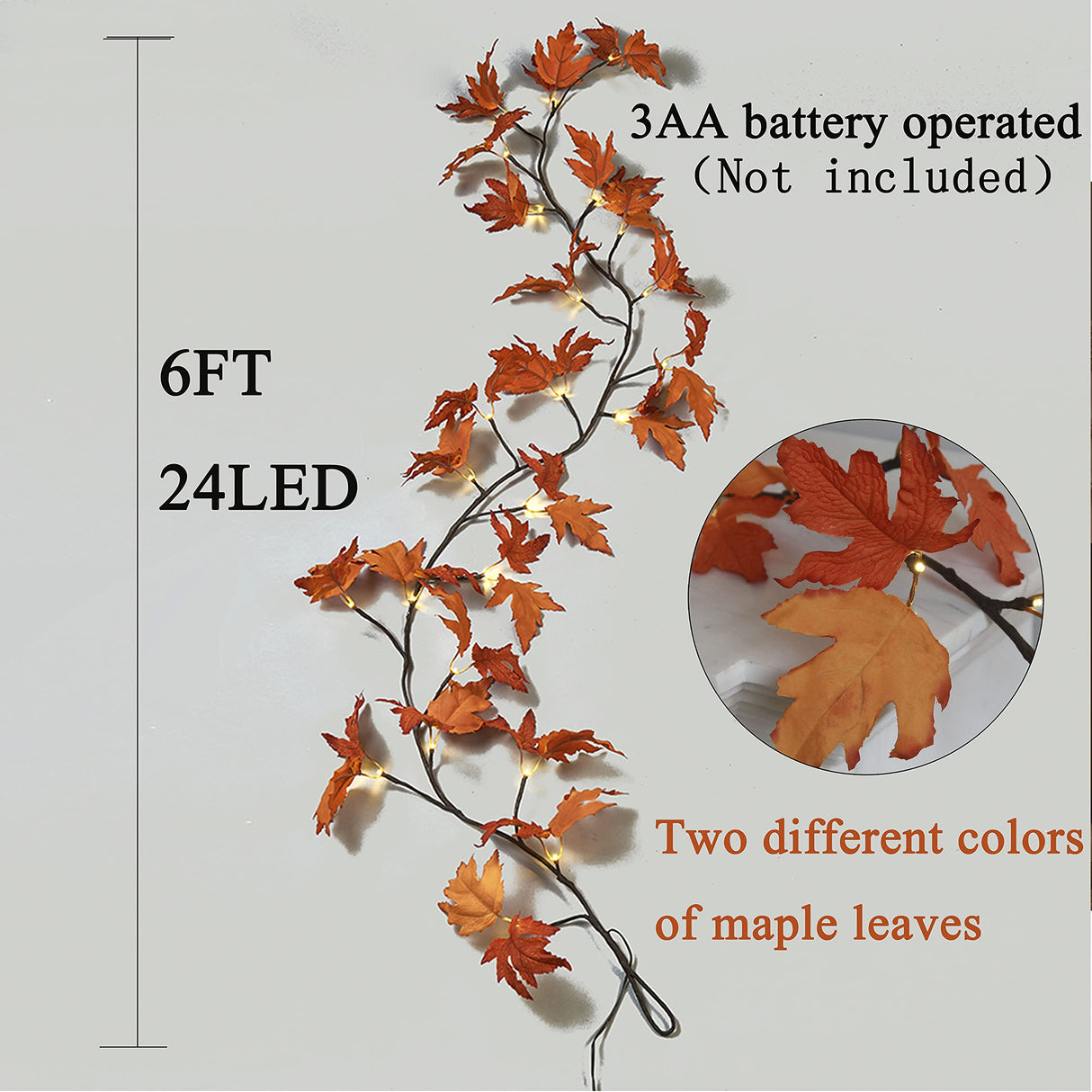 Hairui Lighted Maple Leaf Garland with Timer 6FT 24 Warm White LED, Fall Garland with Lights Battery Operated for Thanksgiving Harvest Christmas Wedding Decoration Indoor Outdoor