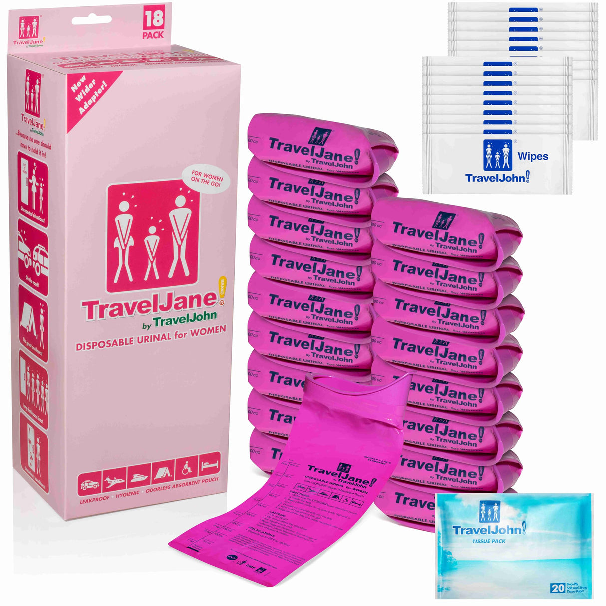 TravelJohn TravelJane Disposable Urinal for All Genders, Adults, and Children(18 Pack), Pink