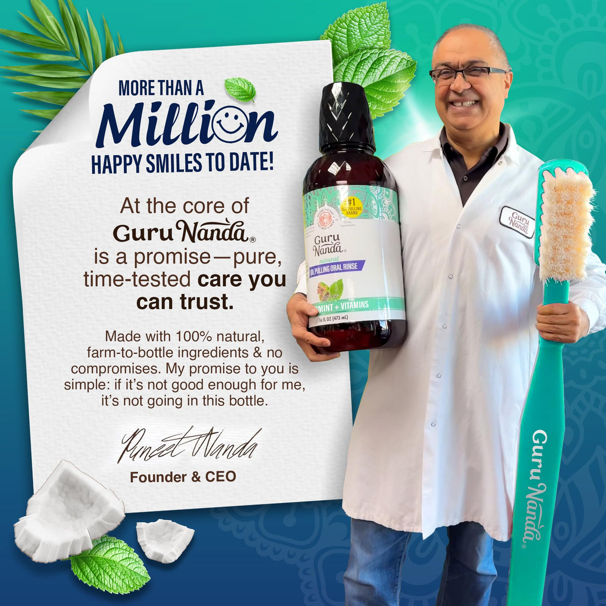 GuruNanda CocoMint Oil Pulling Mouthwash for Complete Oral Hygiene, 7 Essential Oils & Vitamins for Happy Teeth & Gums & Fresh Breath, Alcohol-Free, 32 oz