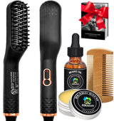 Beard Straightener w/Beard Oil & Balm & Guide E-Book,Upgraded 3 in 1 Hair Straightener Brush Beard Straightening Comb,Unique Stocking Stuffers Gifts for Men Him Dad Husband Birthday Christmas Gifts