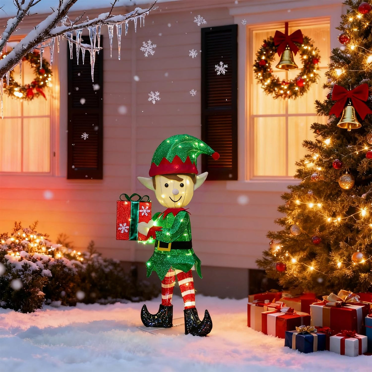 Hausse Lighted Christmas Outdoor Decor, 38" Height Pre-Lit 3D Tinsel Xmas Green Elf Figure, Light Up Xmas Yard Displays, Plug in for Holiday Party New Year Winter Patio Lawn Garden