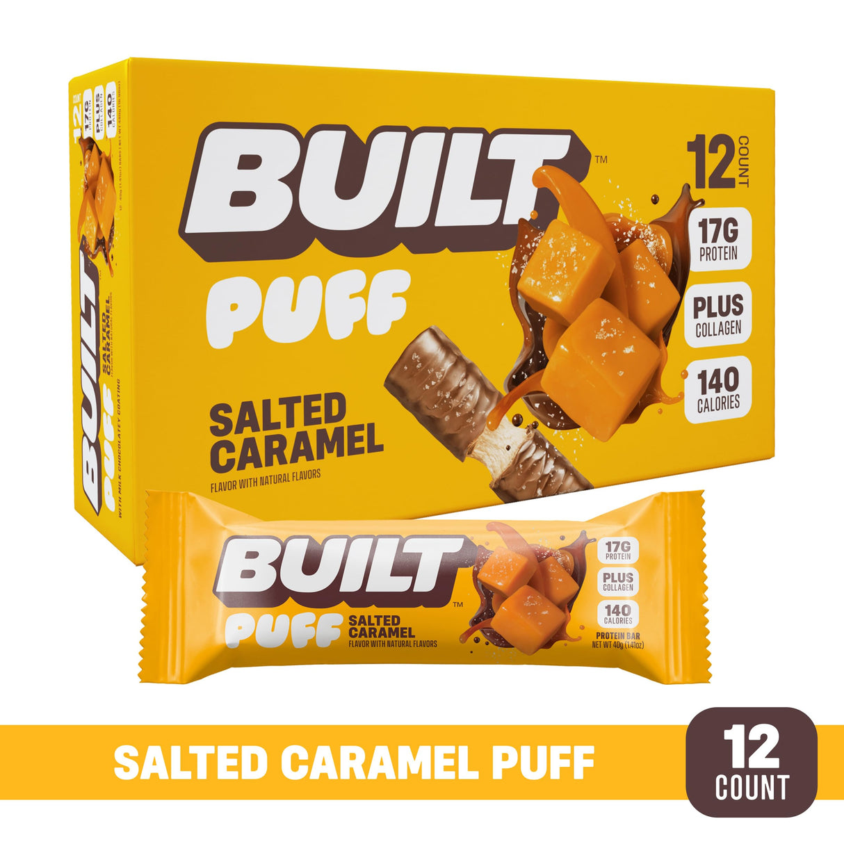 Built Bar, Puff Protein Bars, Salted Caramel Puff, 17g Protein Snacks, On-The-Go Bars, Only 140 Calories, 6g Sugar, Collagen, Gluten Free, 12 Count