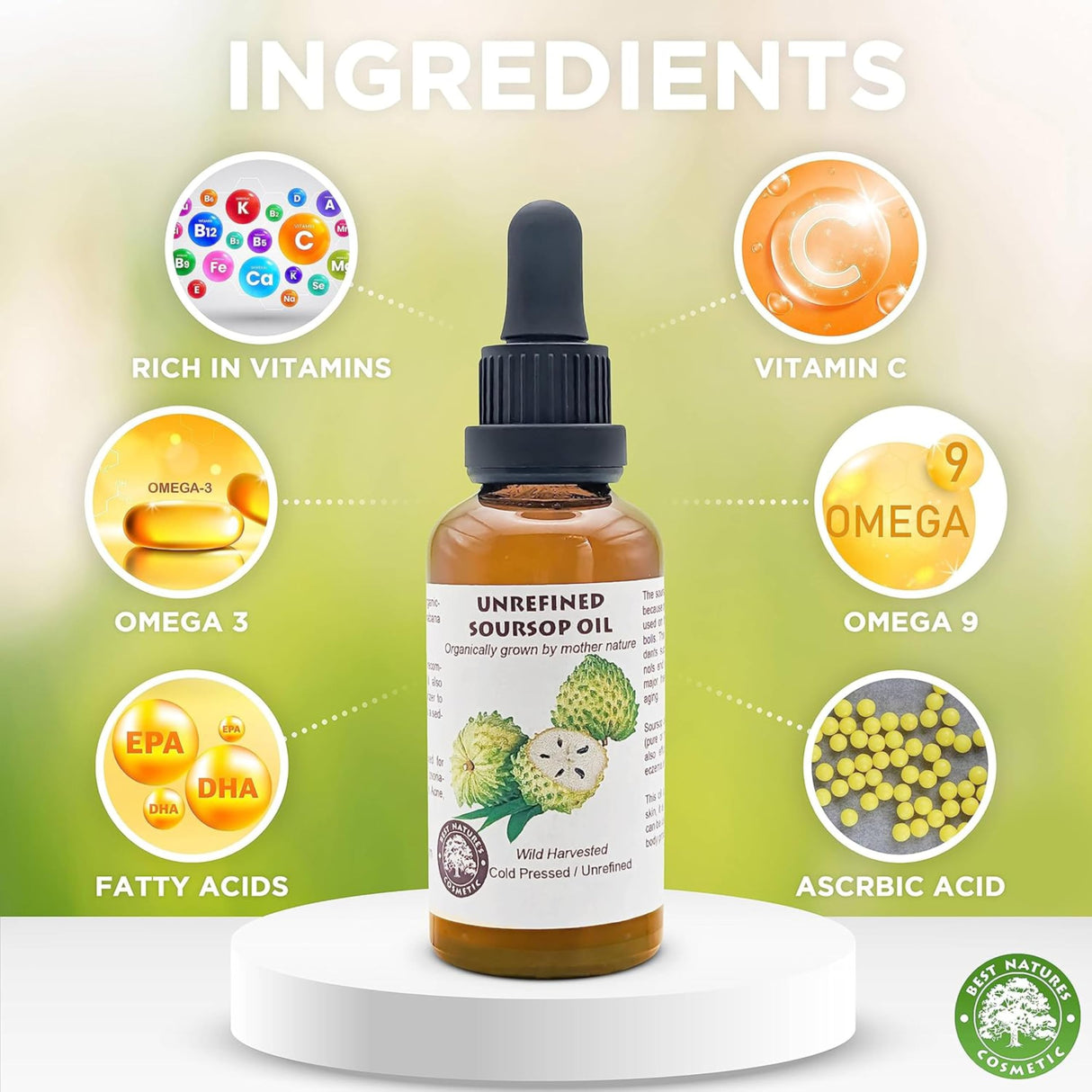 Best Nature's Cosmetics Virgin Soursop Graviola Guanabana Oil (Organic, Undiluted, Cold Pressed, Unrefined) 4 oz / 120 ml – Natural Moisturizer for Dry and Damaged Skin.