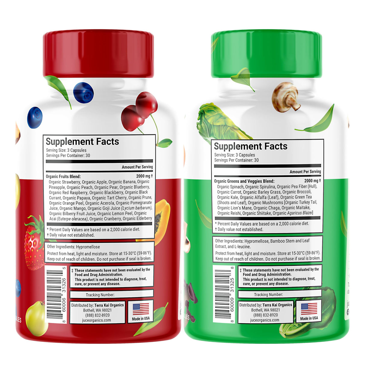 Juce Original Formula - Organic Super Fruit & Veggies Supplement - Gluten/Gelatin Free, Soy Free & Vegan- Reds & Greens Superfood Capsules- 23 Fruits & 23 Vegetables (180 Count)- By Terra Kai Organics