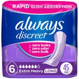 Always Discreet Adult Incontinence Pads for Women, Extra Heavy Absorbency, Long Length, Postpartum Pads, 45 Count (Packaging May Vary)
