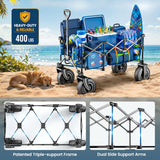 All-Terrain Beach Wagon with 10" x 3.5" Big Inflatable Rubber Wheels for Sand, 220L Collapsible Utility Wagon, 400 lbs Heavy Duty Folding Cart with 2 Cup Holders for Camping, Sports, Garden, Black