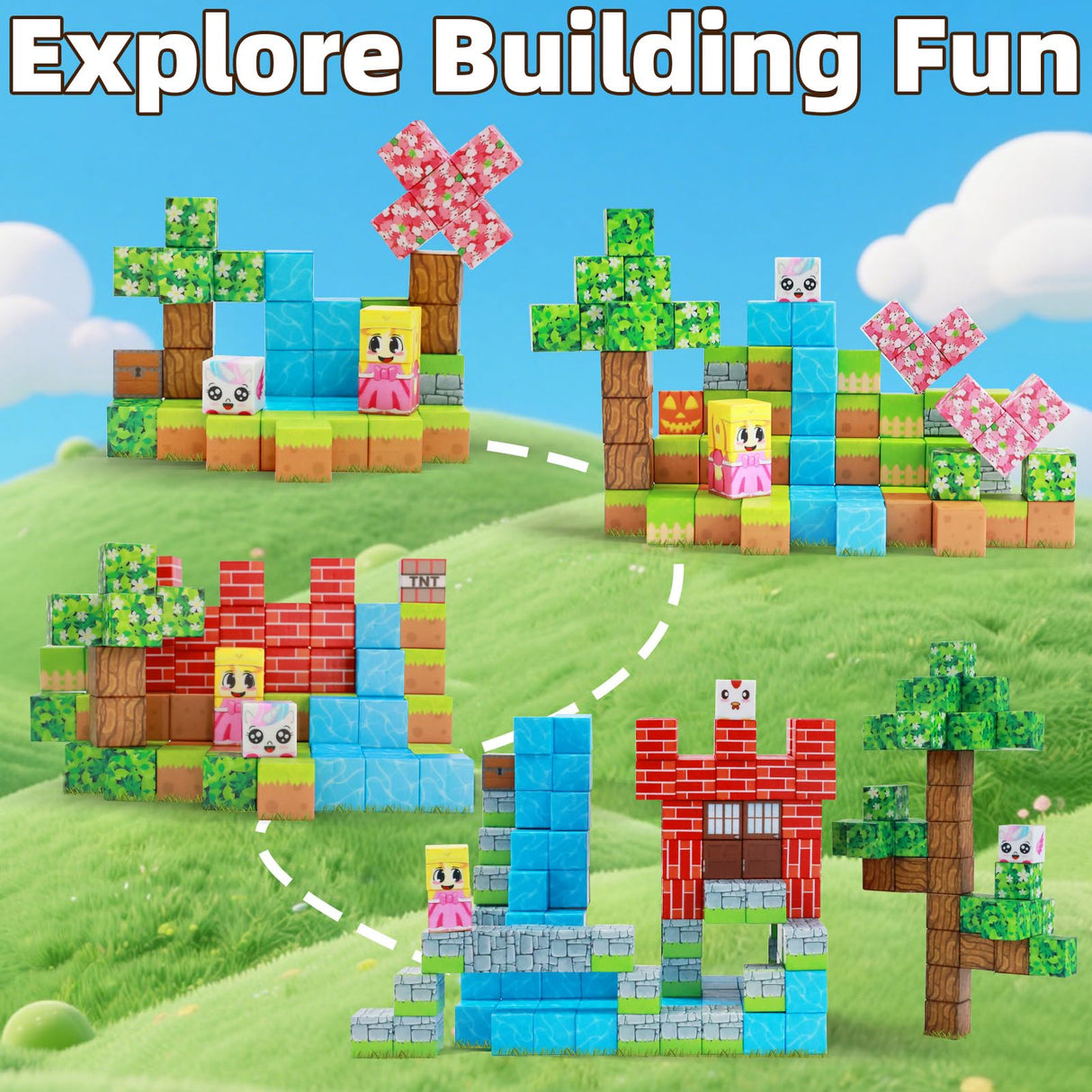 EchoPlan Magnetic Blocks, 100PCS Magnetic Building Blocks to Build a 3D World, STEM Sensory Construction Stacking Magnet Blocks Toy for Kids Ages 3+, Boys and Girls Christmas Birthday Gifts