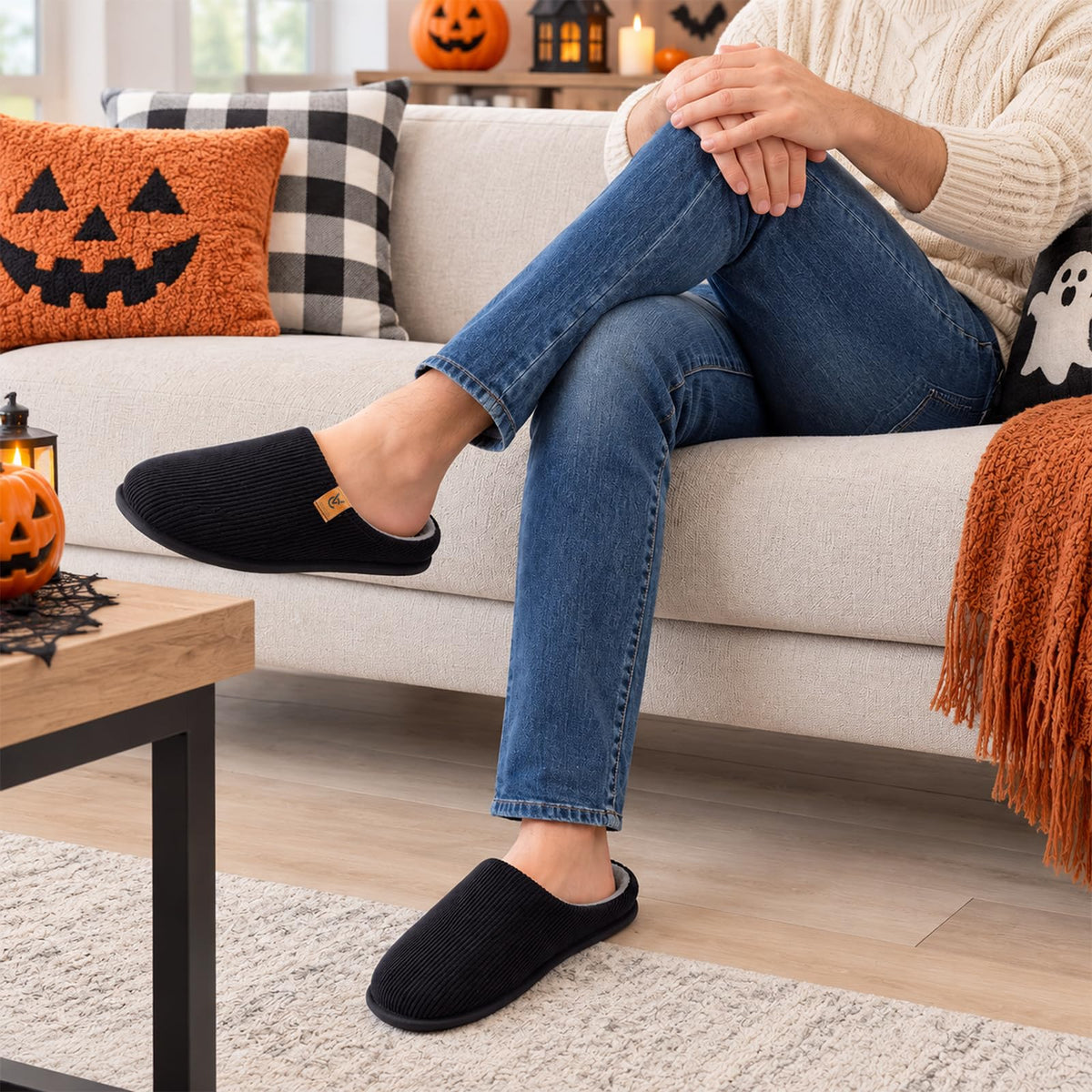 VeraCosy Mens Slippers Corduroy Memory Foam House Shoes Dark Black,11-12 US