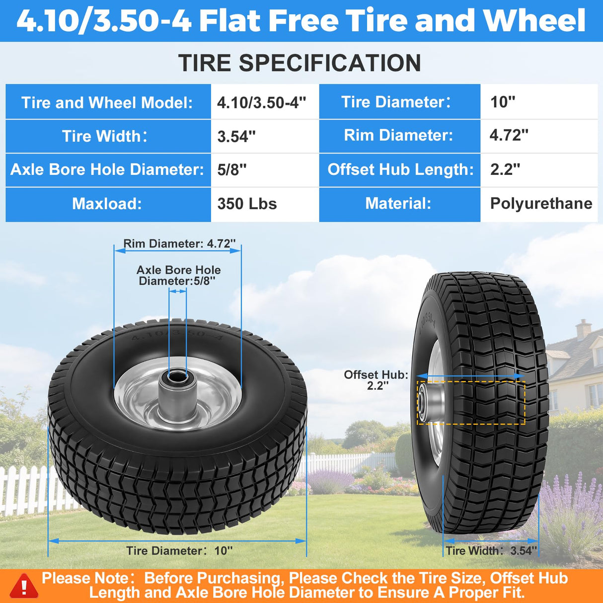 RRQ 4.10/3.50-4 Flat Free Tire and Wheel, 10" Heavy Duty Solid Tire, 2 Pack