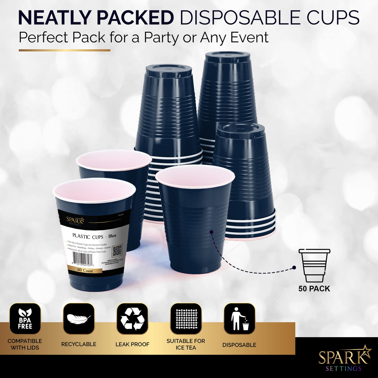 Amcrate Disposable Cups, Navy 18-Ounce Plastic Party Cups, Strong and Sturdy for Wedding, Christmas, Halloween, 50 Pack