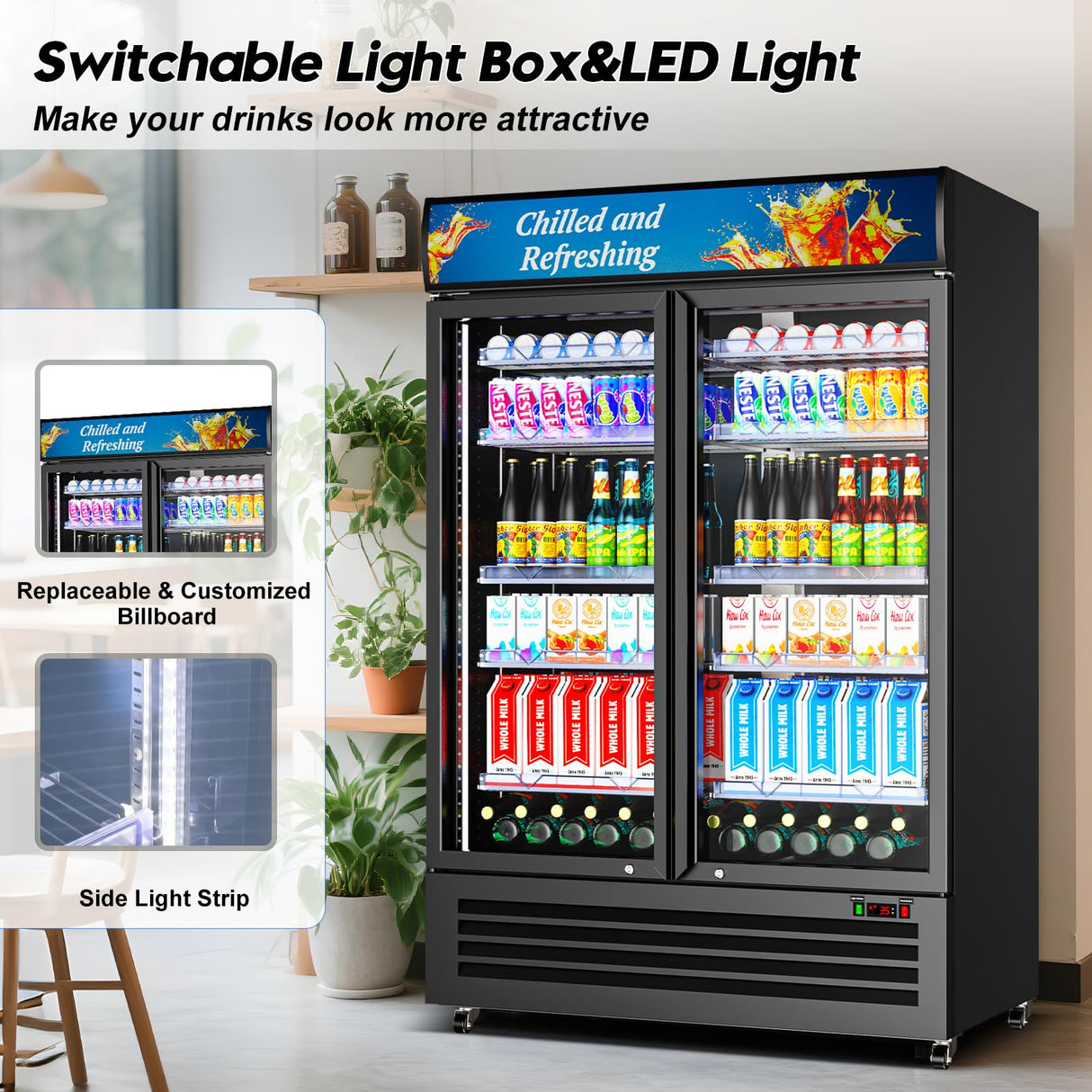 Velieta Commercial Beverage Refrigerator with 2 Glass Door, 383L Display Fridge Beverage Cooler with Customizable Lightbox Adjustable Shelves, Drink Fridge Merchandiser for Restaurant Shop, Black
