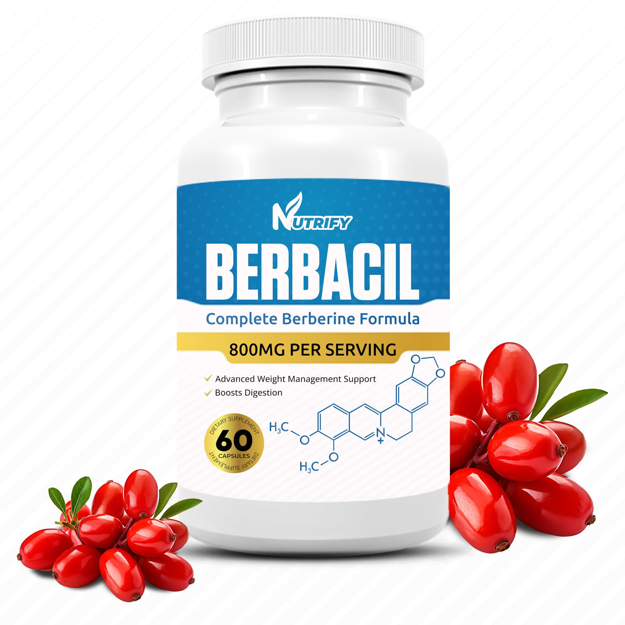 Generic Berbacil - 100% Pure Berberine, Highest Absorption, 800mg, GMO Free, Made in USA