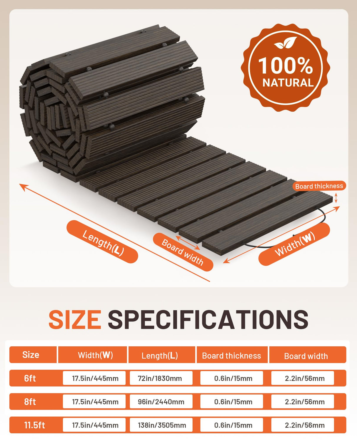 yoopin Wooden Garden Pathway Roll Out Walkway, Flexible Outdoor Wood Boardwalk for Lawn Sand Backyard, Non Slip Surface, Portable Garden Path with Rubber Connectors, 11.5FT, Brown